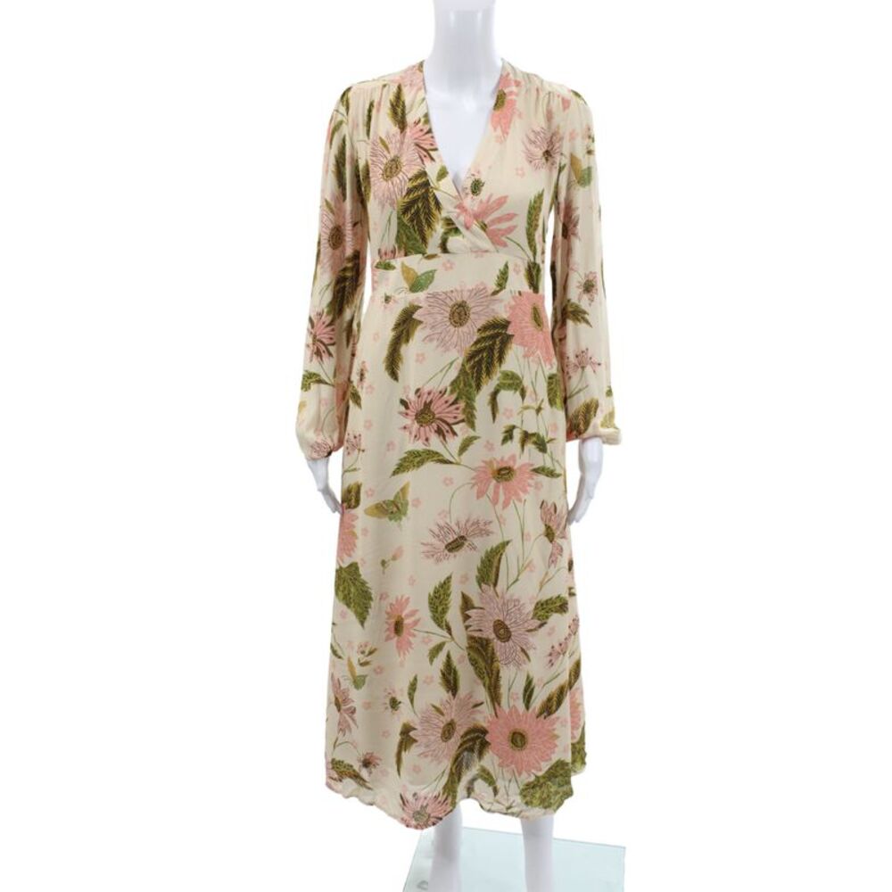 Spartina 449 Women Maxi Dress Beige Floral V-Neck Long Sleeve Viscose Size L